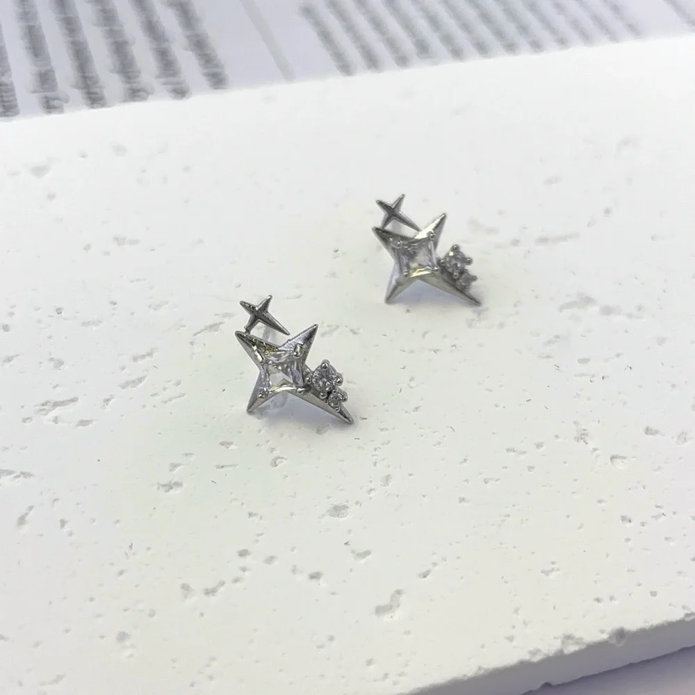 925 Silver Plated CZ Cubic Zirconia Star Stud Earrings for Men Women_2